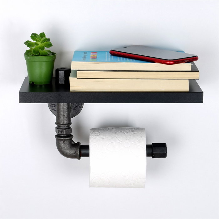 Hanah Home Boruraf239 Portarrollos de Papel Higiénico MDF Negro y Plata Montaje en Pared 30x12x23 cm